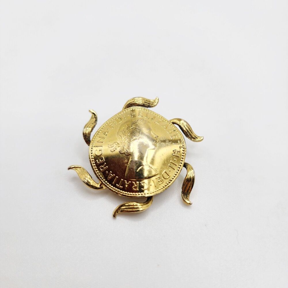 Vintage Coin Freirich Signed Queen Elizabeth II Coin Brooch Pin Gold Tone Unique
